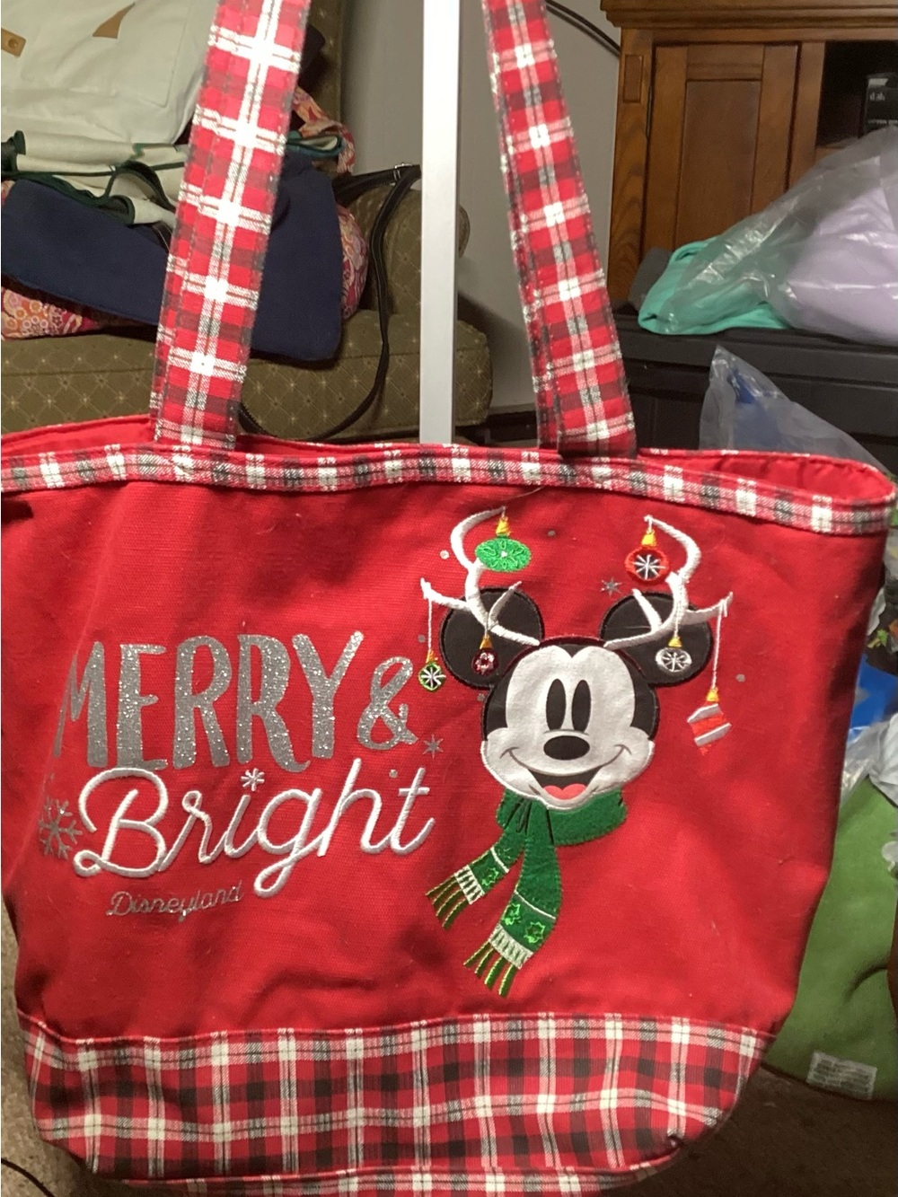 Disney Red Plaid Mickey Holiday Tote with Green Scarf Accents